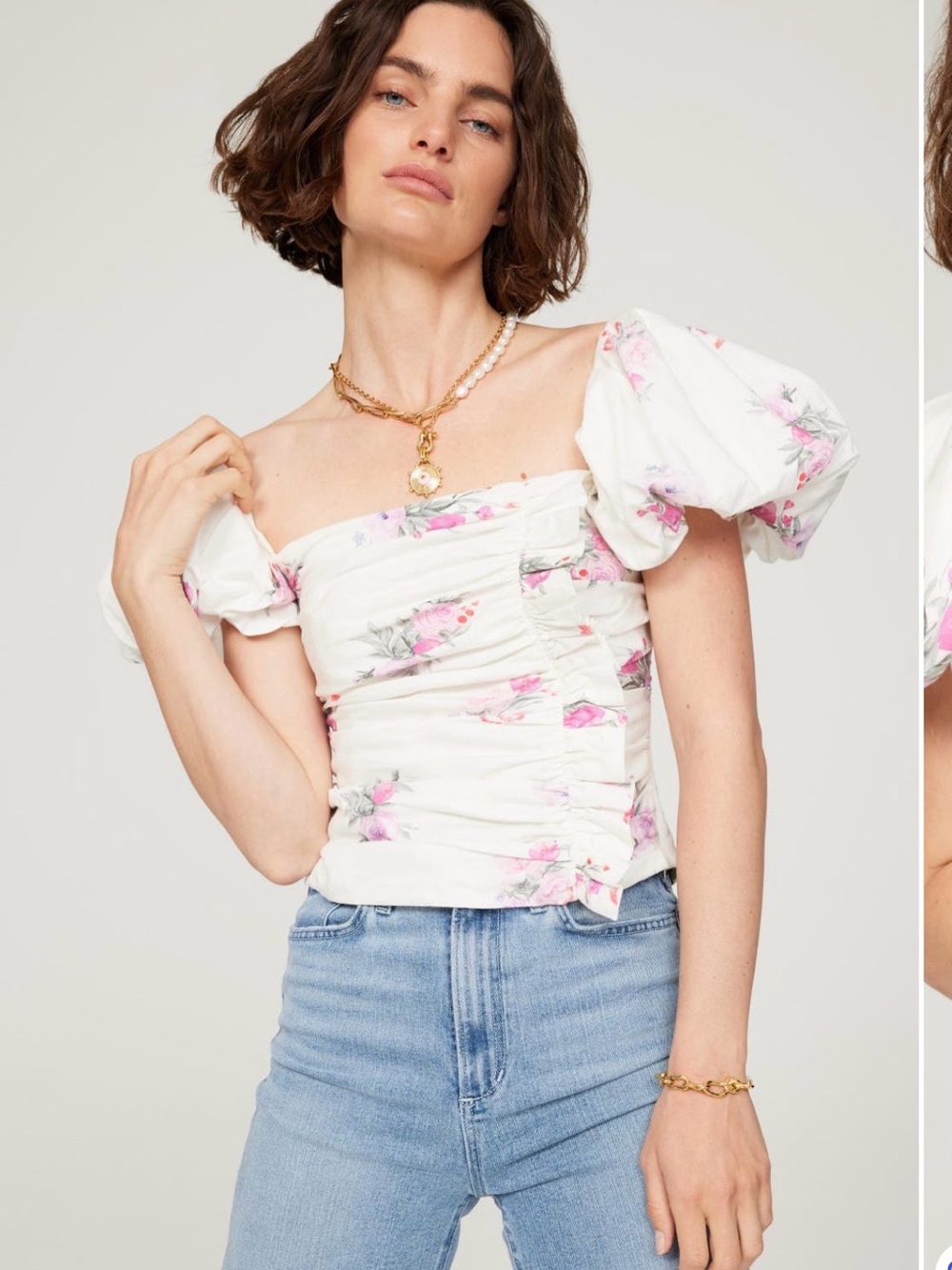 LoveShackFancy Dalima White Top Puff-Sleeve Floral Ruched Ruffled Puff 8